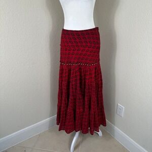 Red Tiered Maxi Skirt Small Y2K Boho
